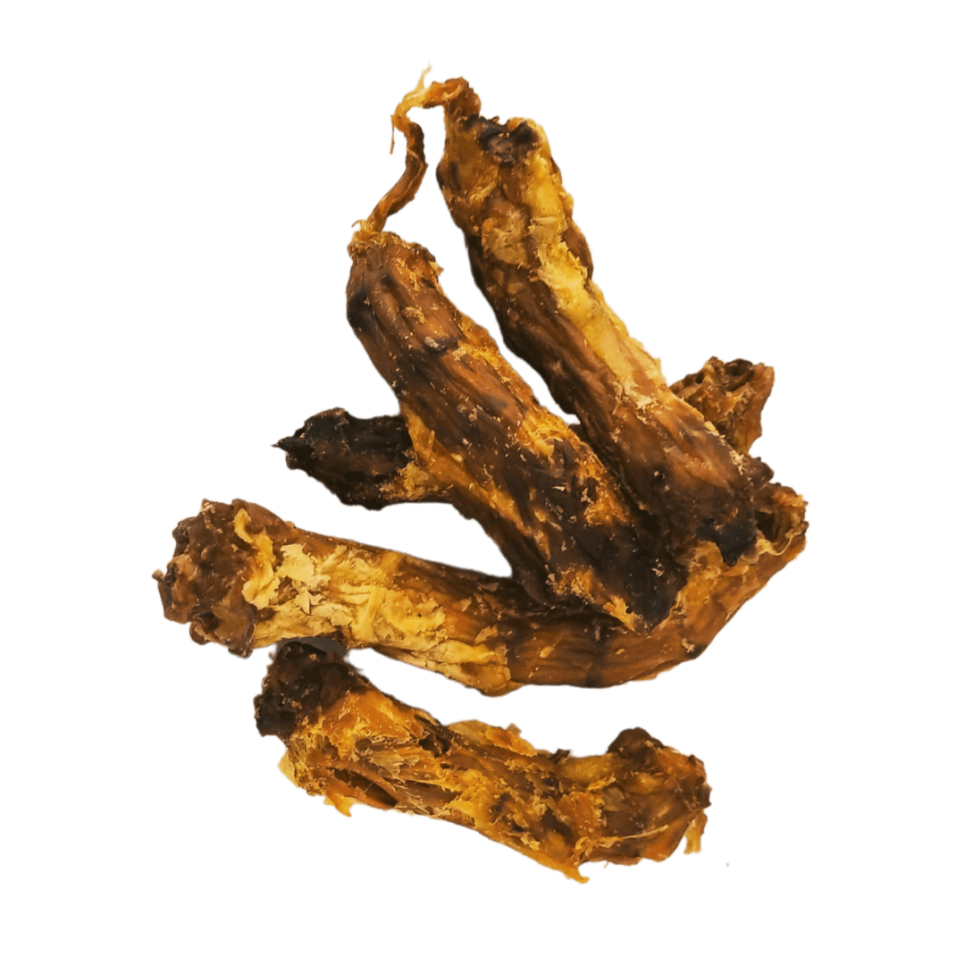 Five cooked and air-dried chicken neck natural dog treats stacked on top of each other on a white background.
