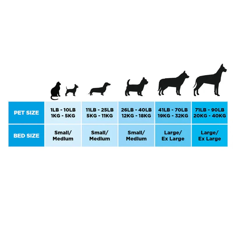 Dog bed size guide showing recommended sizes and weight ranges