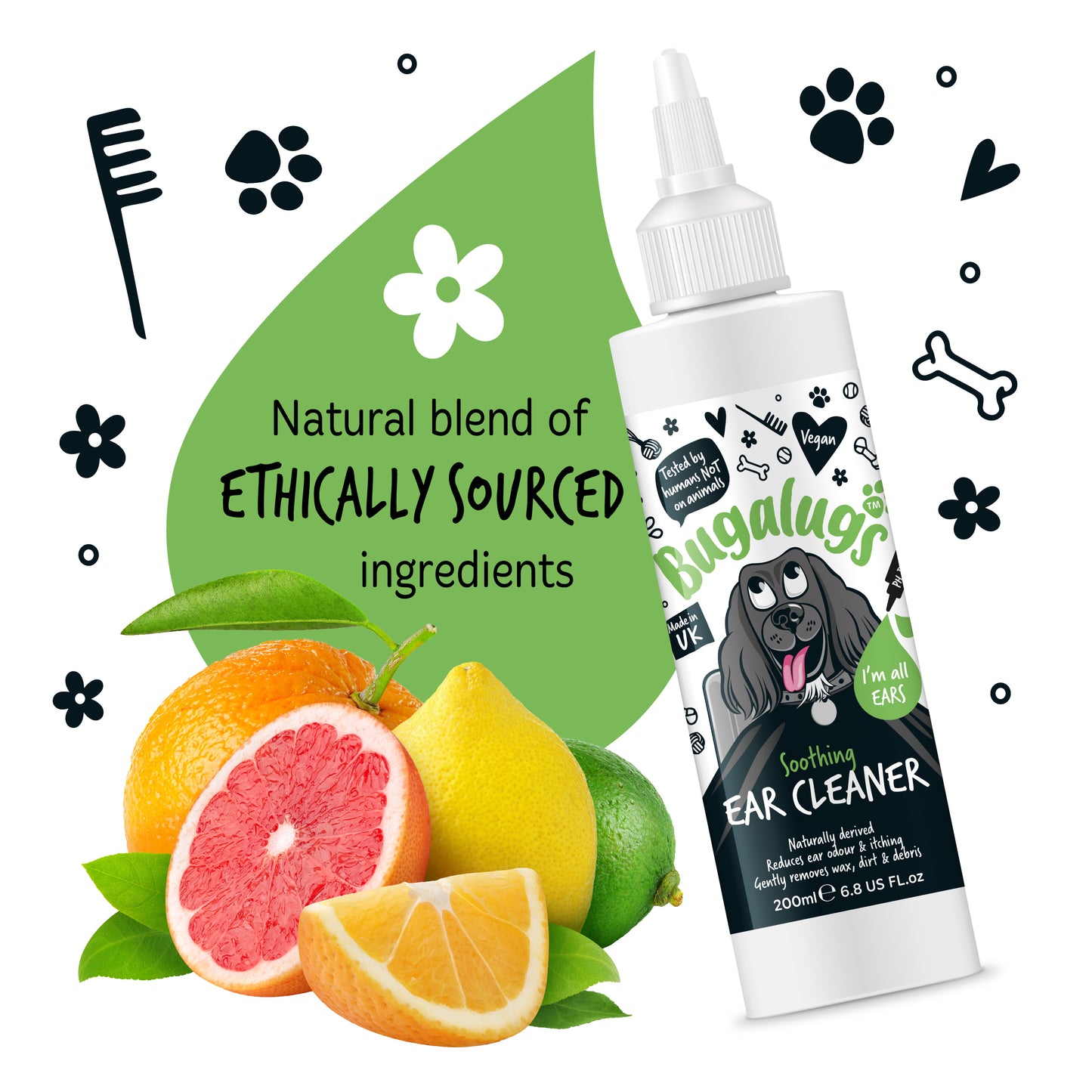 A bottle of Bugalugs dog and cat ear cleaner and some chopped citrus fruit on an all white background.