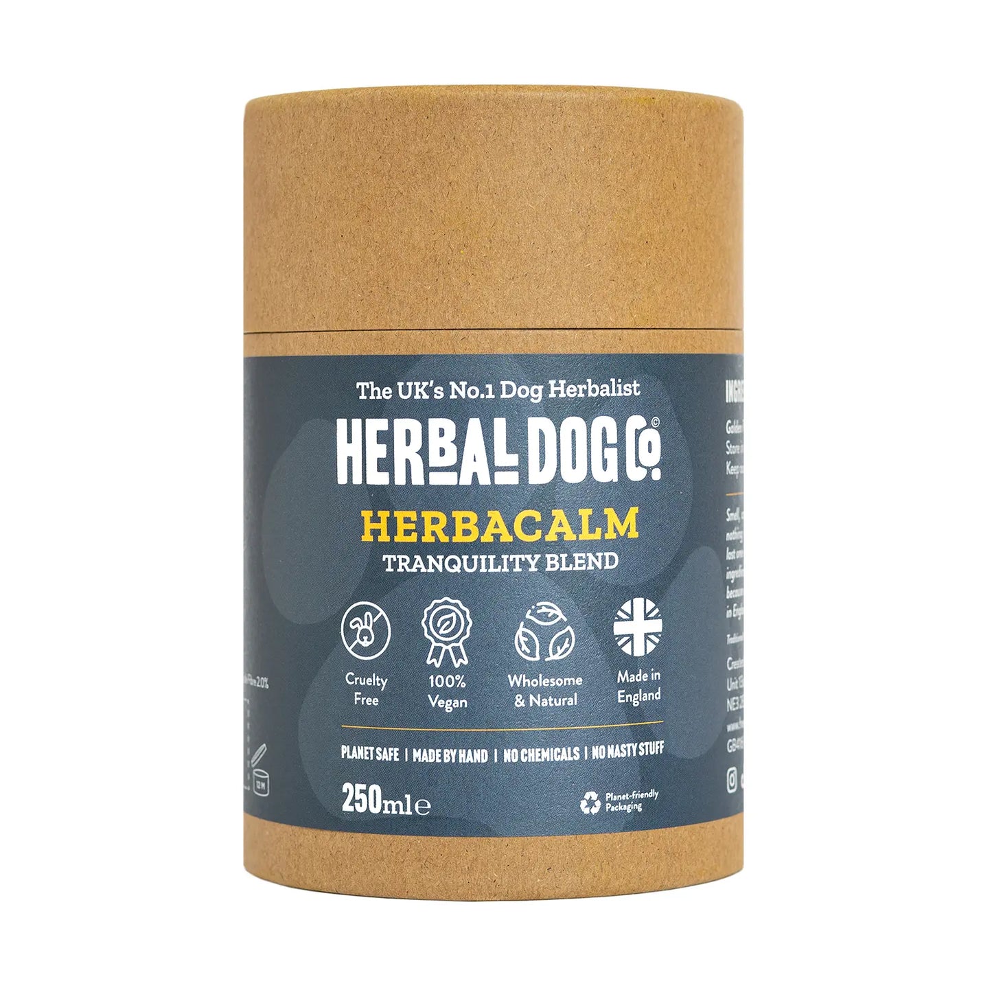 A closed tub of calming dog supplements for stress relief by Herbal Dog Co. on an all white background.