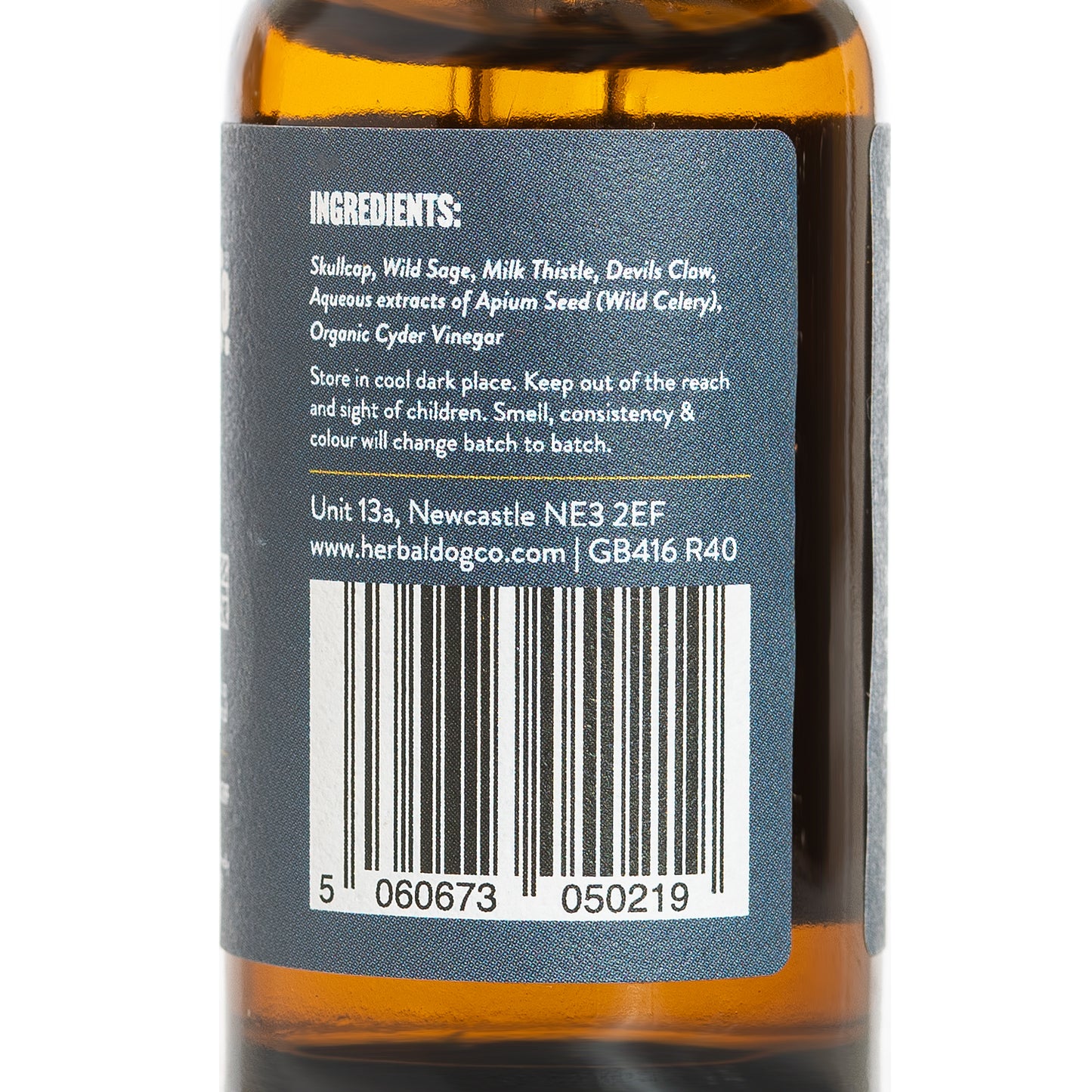 The back of a 30ml bottle of Herbaflex Dog Joint Supplements Tonic by Herbal Dog Co. showing ingredients on a white background.