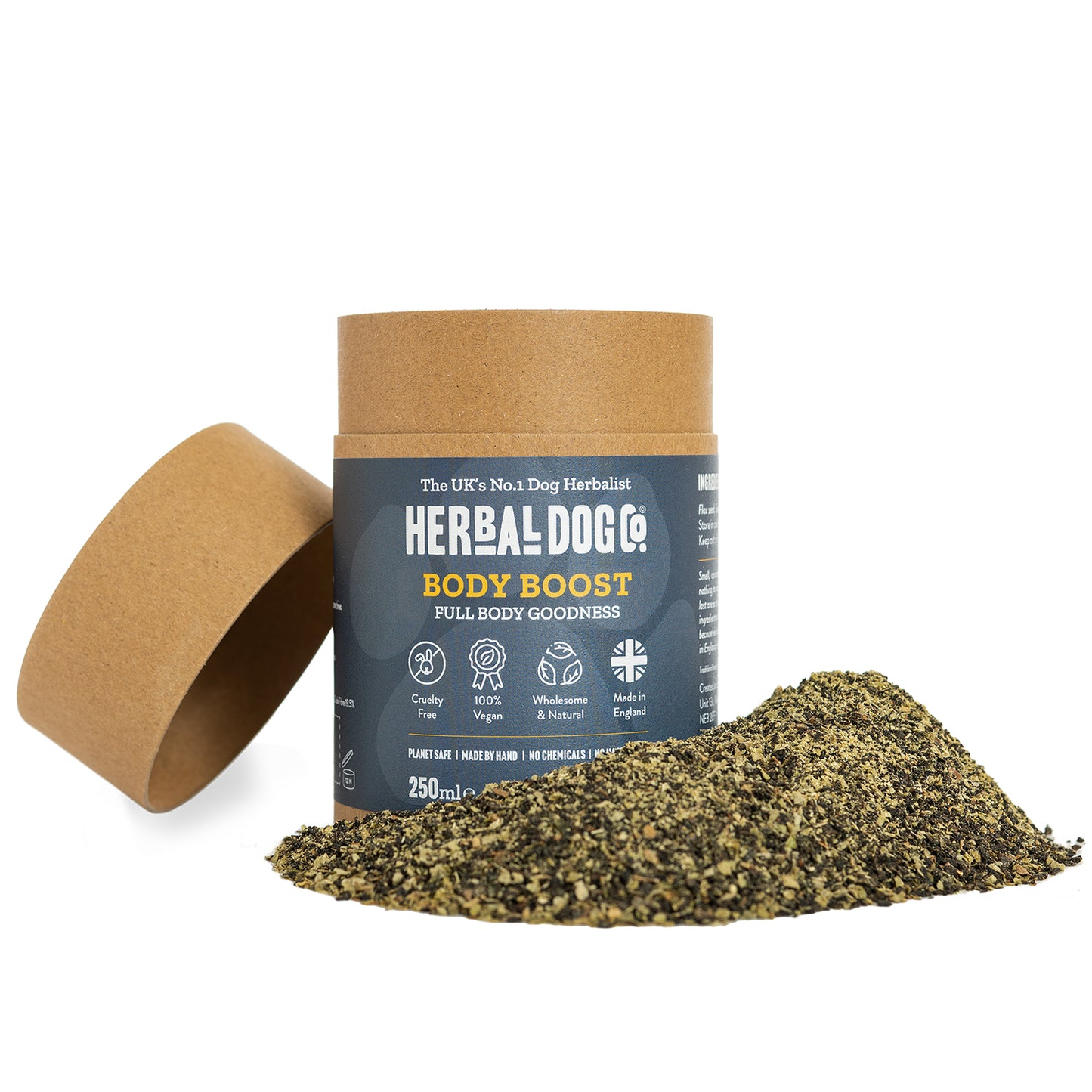 An opened tub of multivitamin dog supplements by Herbal Dog Co. on an all white background.