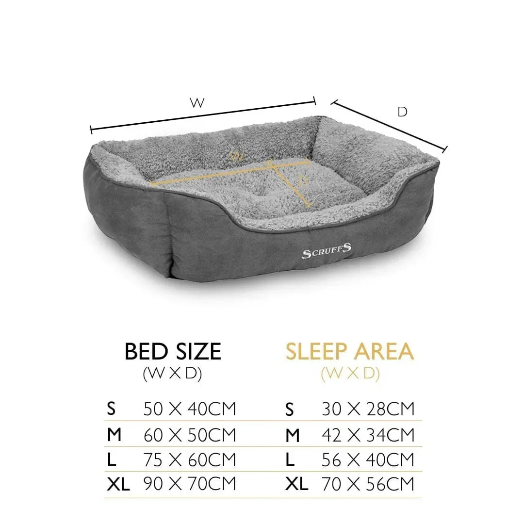 Scruffs cosy soft dog bed size guide showing dimensions and sleep area for small, medium, large, and XL