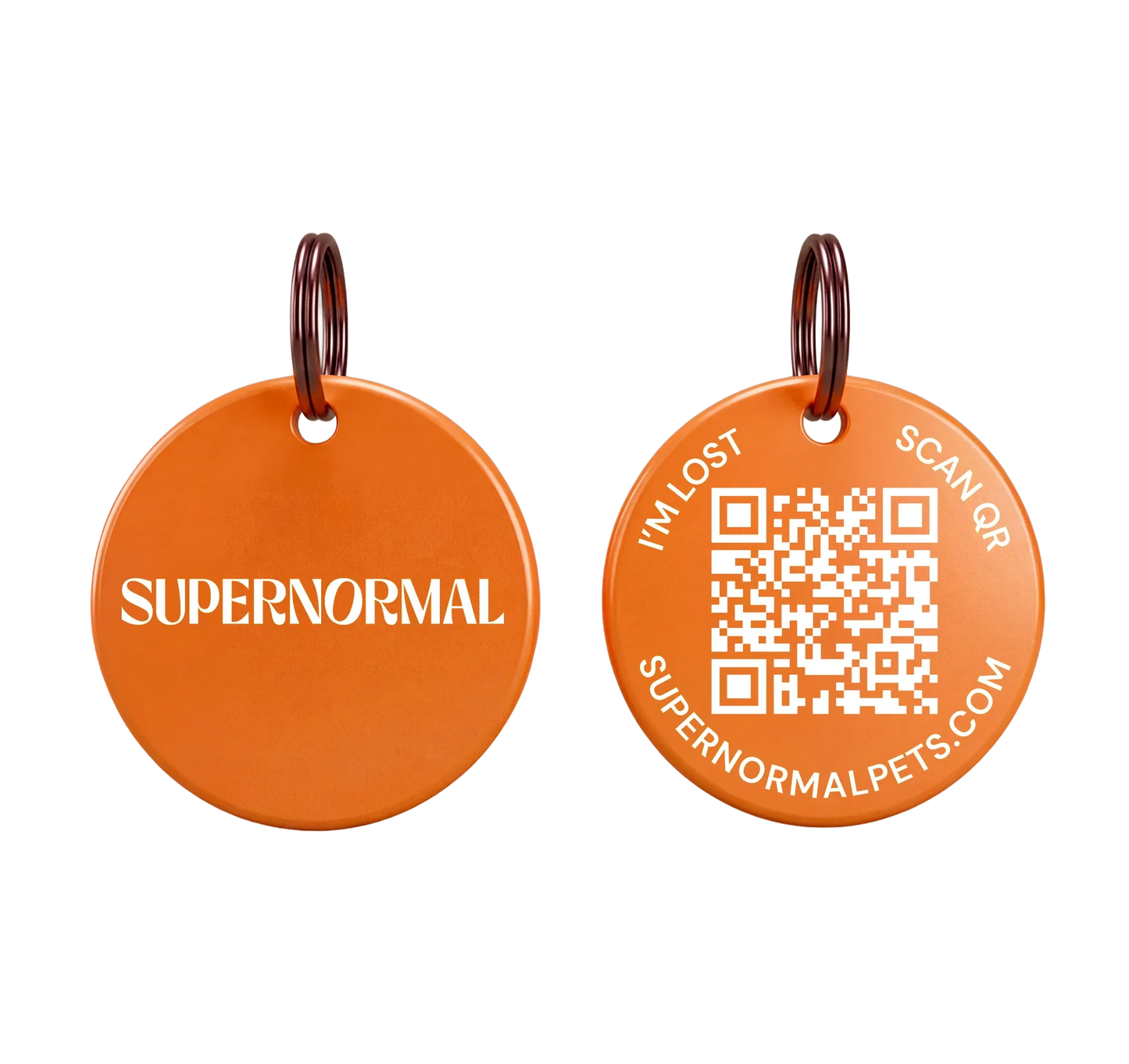 Orange Supernormal PawTag Smart QR Pet Tag showing front and back with QR code