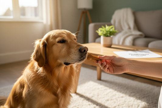 Pet receiving a natural supplement at home with a blurred vet bill in the background to show preventative care and how to reduce vet costs.