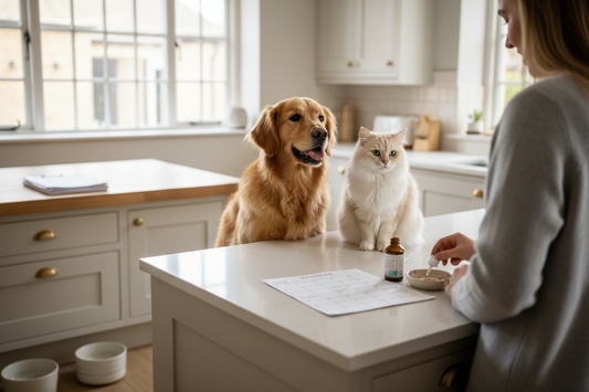 Dog and cat at home during a routine check as part of daily care to reduce vet bills