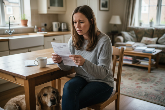 Dog owner reviewing a high vet bill at home to understand rising veterinary costs