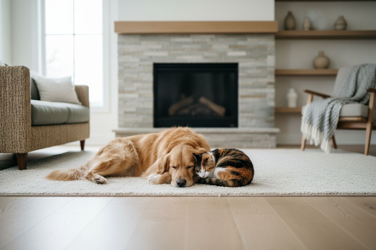 Dog and cat relaxing together in a comfortable home environment