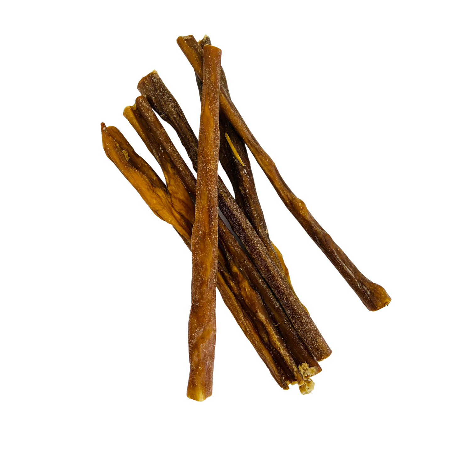 Six strips of beef spaghetti natural dog treats stacked on top of each other on an all white background.