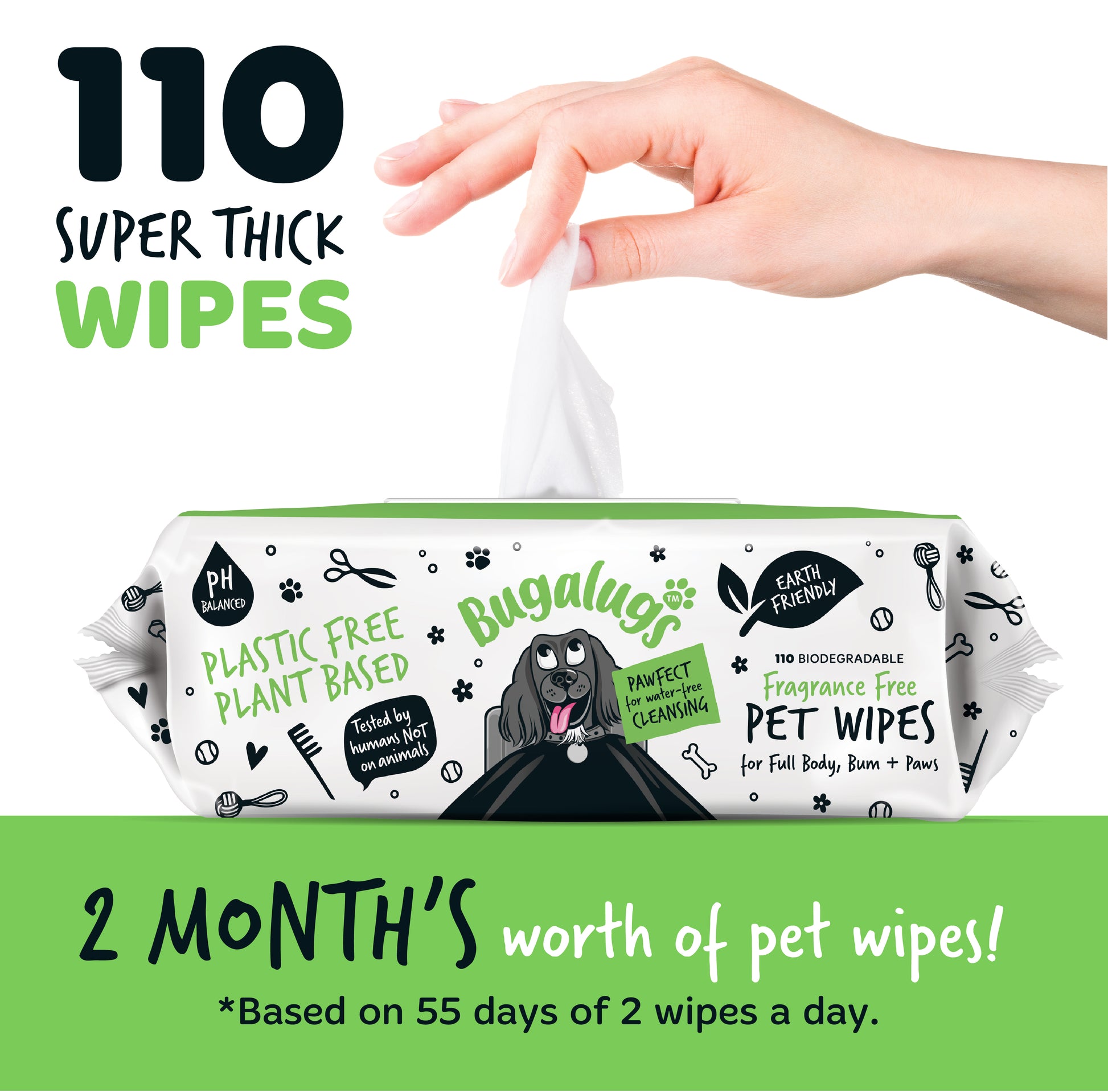 A packet of Bugalugs pet wipes for cats and dogs on an all white background with a hand pulling out a wipe from the packet.