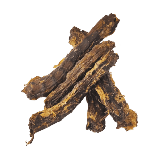 5 cooked and air-dried duck neck natural dog treats stacked on top of each other on a white background.