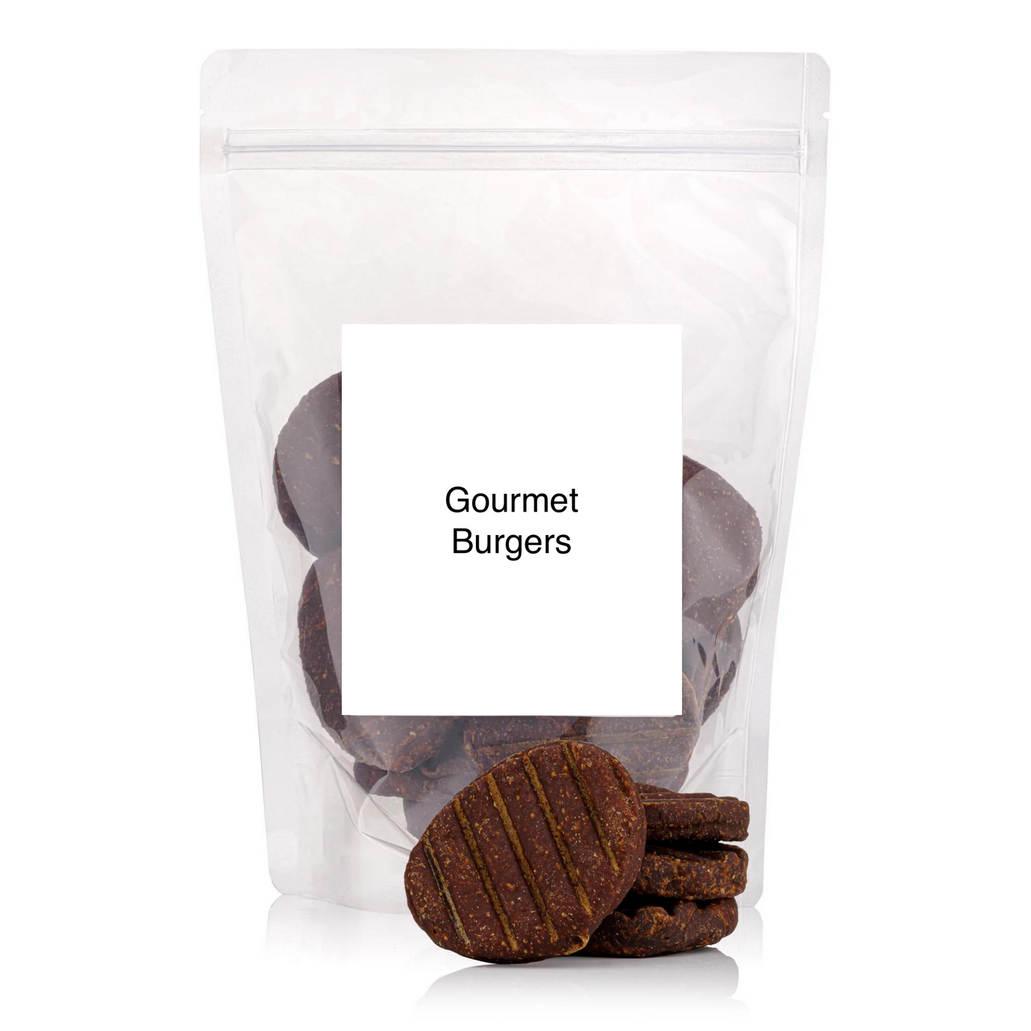 A clear pouch bag with gourmet burgers natural dog treats on an all white background.