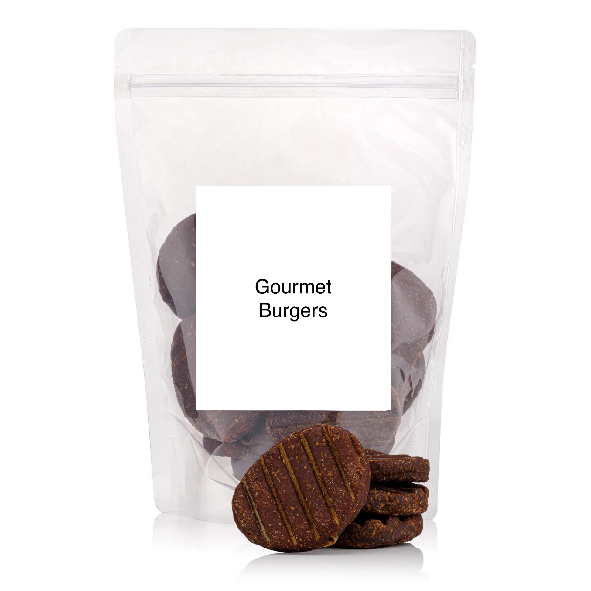 A clear pouch bag with gourmet burgers natural dog treats on an all white background.