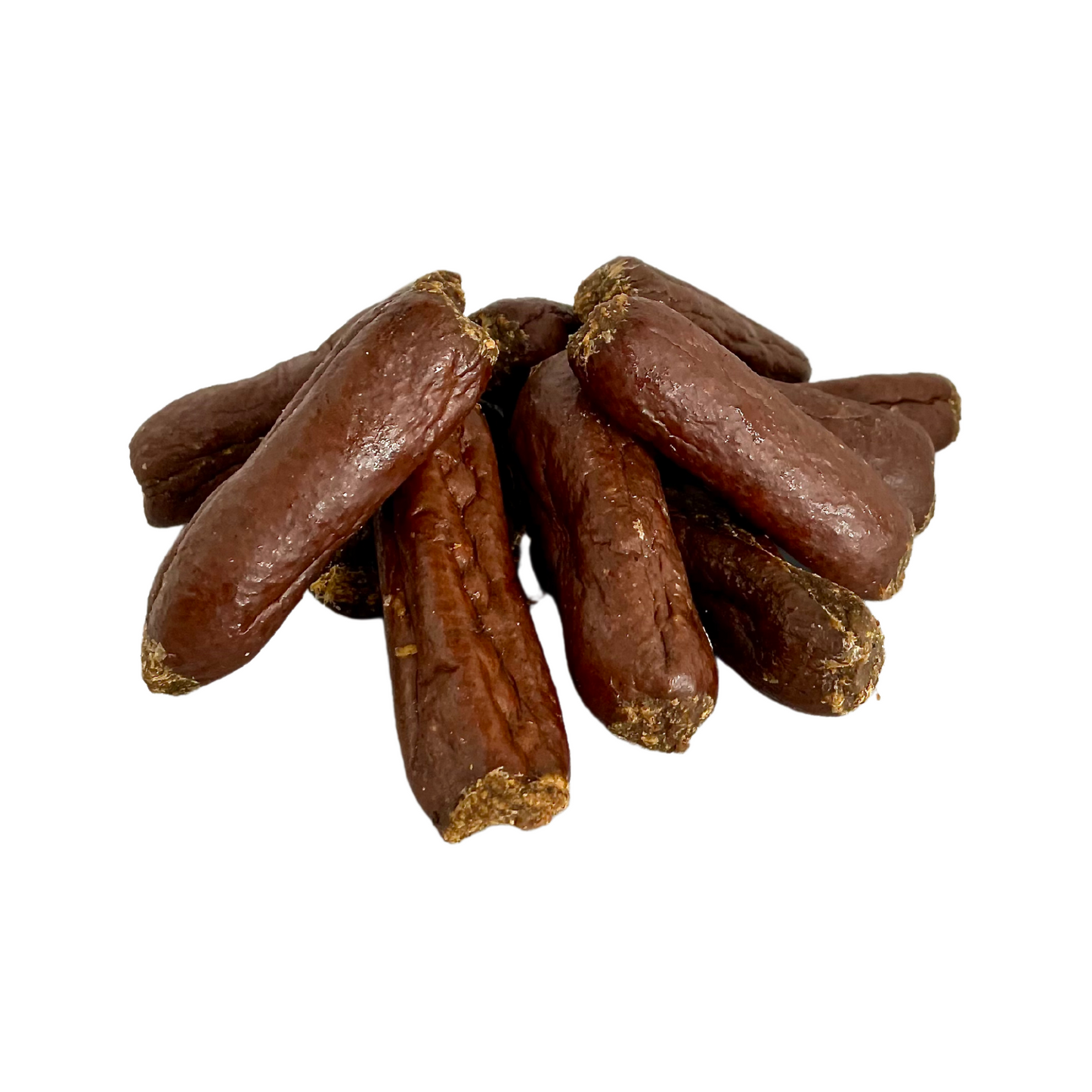 10 gourmet sausages natural dog treats triangularly stacked on top of each other on an all white background.