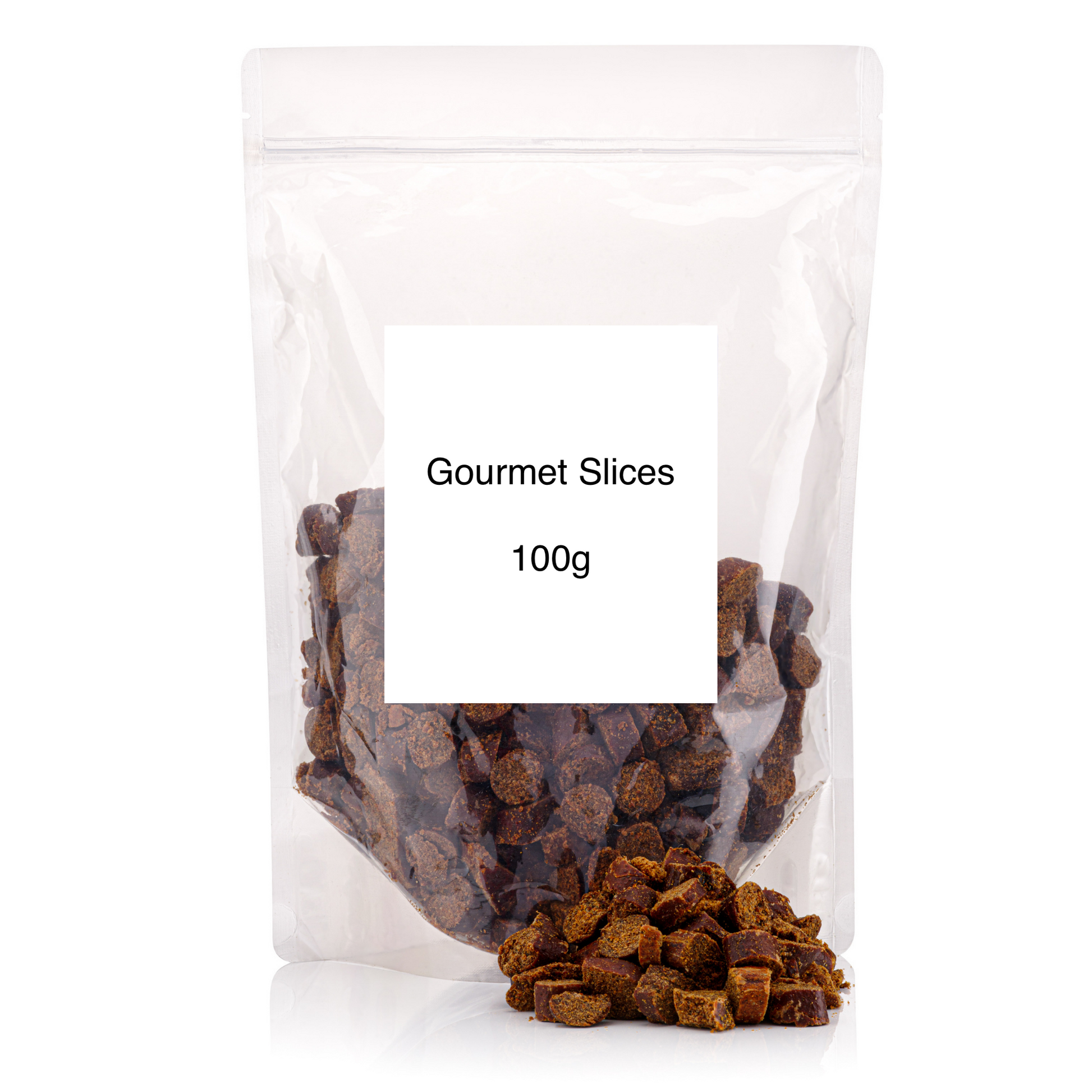 A clear pouch bag with 100g of gourmet slices natural dog treats on an all white background.