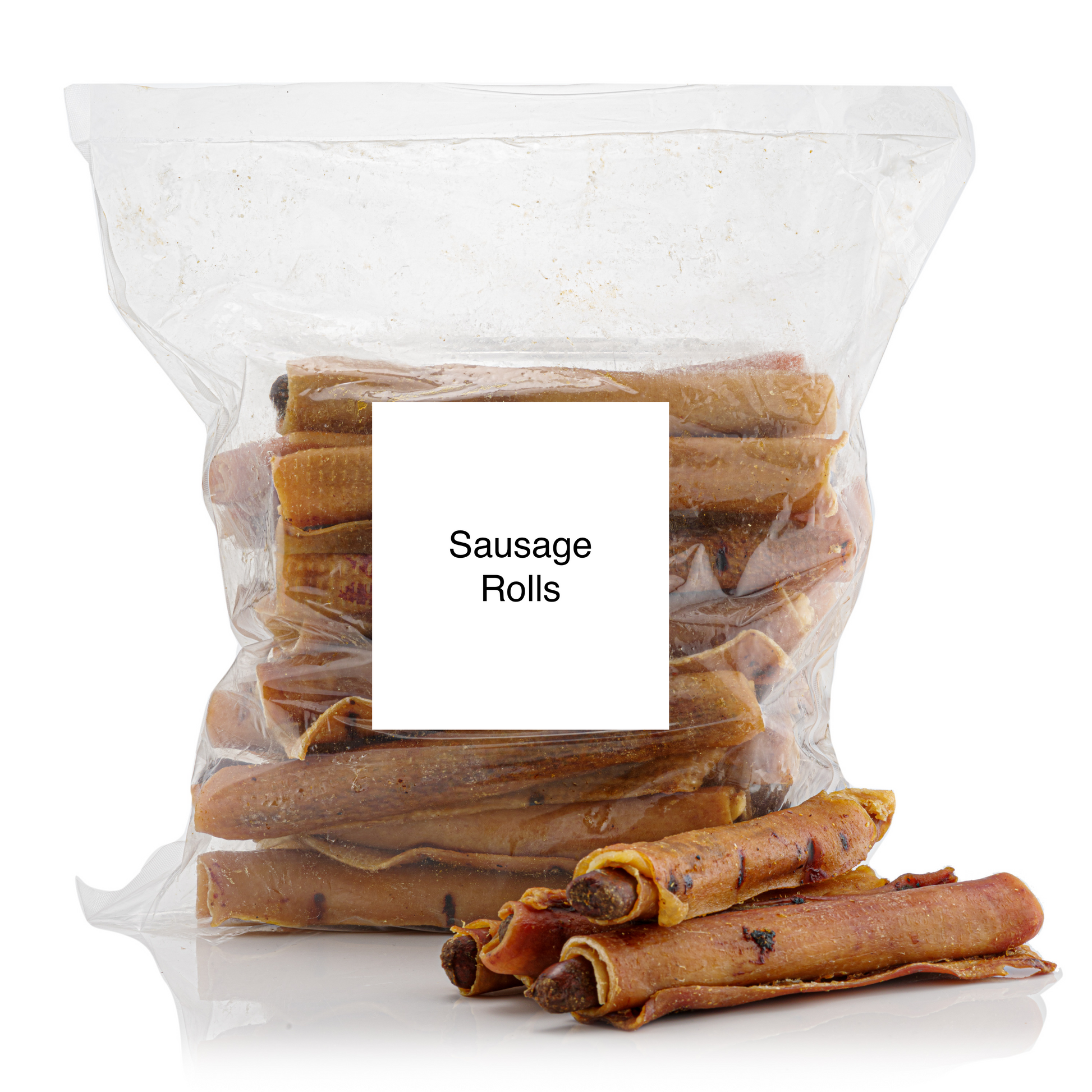 A bag of sausage rolls natural dog treats, which are chewy gourmet chicken sticks wrapped in pork rind. The background of the image is all white.