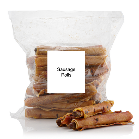 A bag of sausage rolls natural dog treats, which are chewy gourmet chicken sticks wrapped in pork rind. The background of the image is all white.
