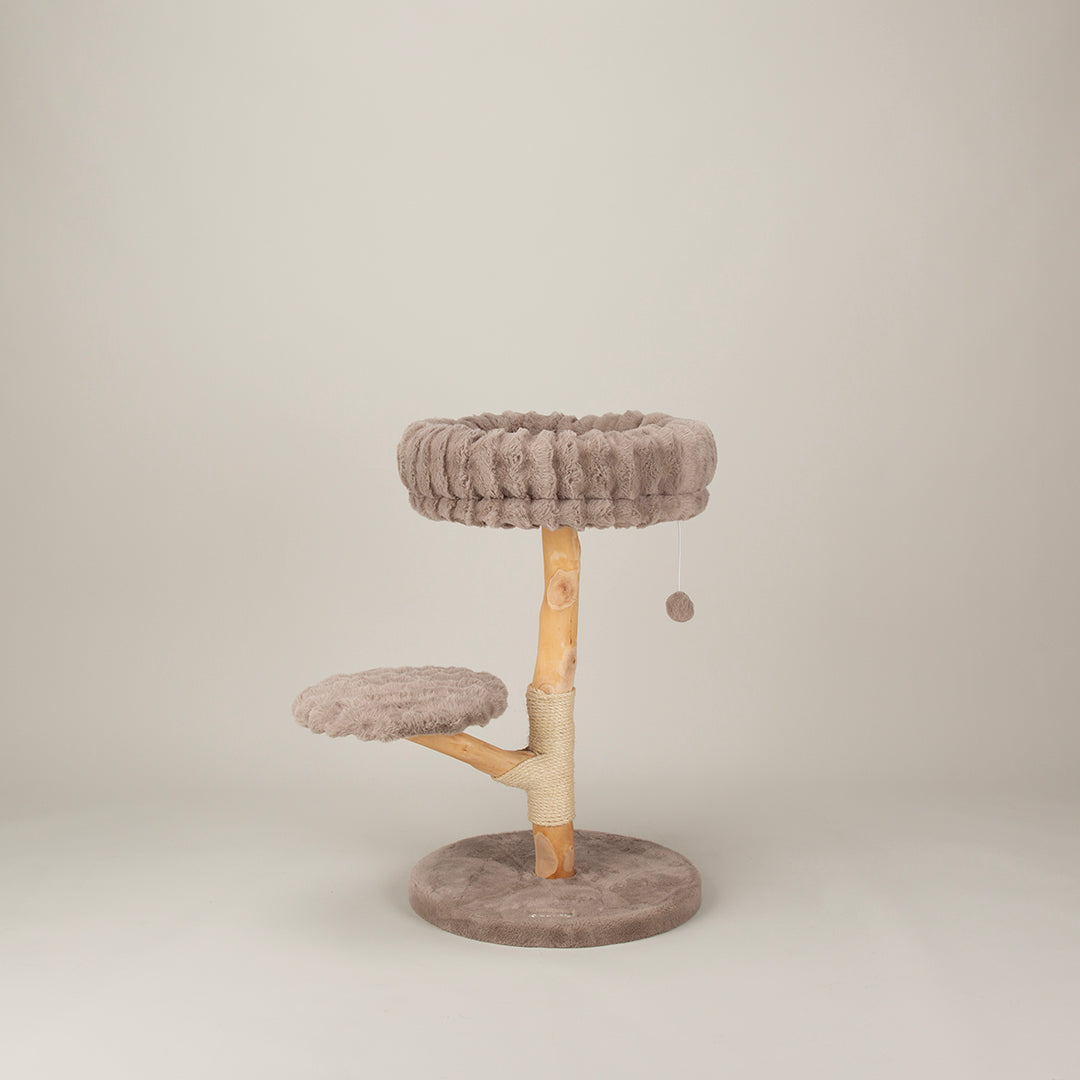 Cat tree with round platforms and a wooden post on a plain background