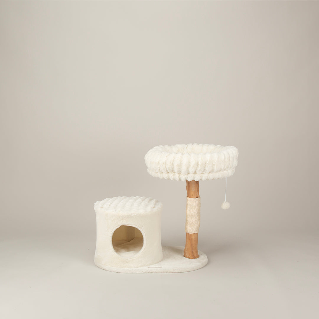 Cat tree with two levels and a hanging ball on a light gray background