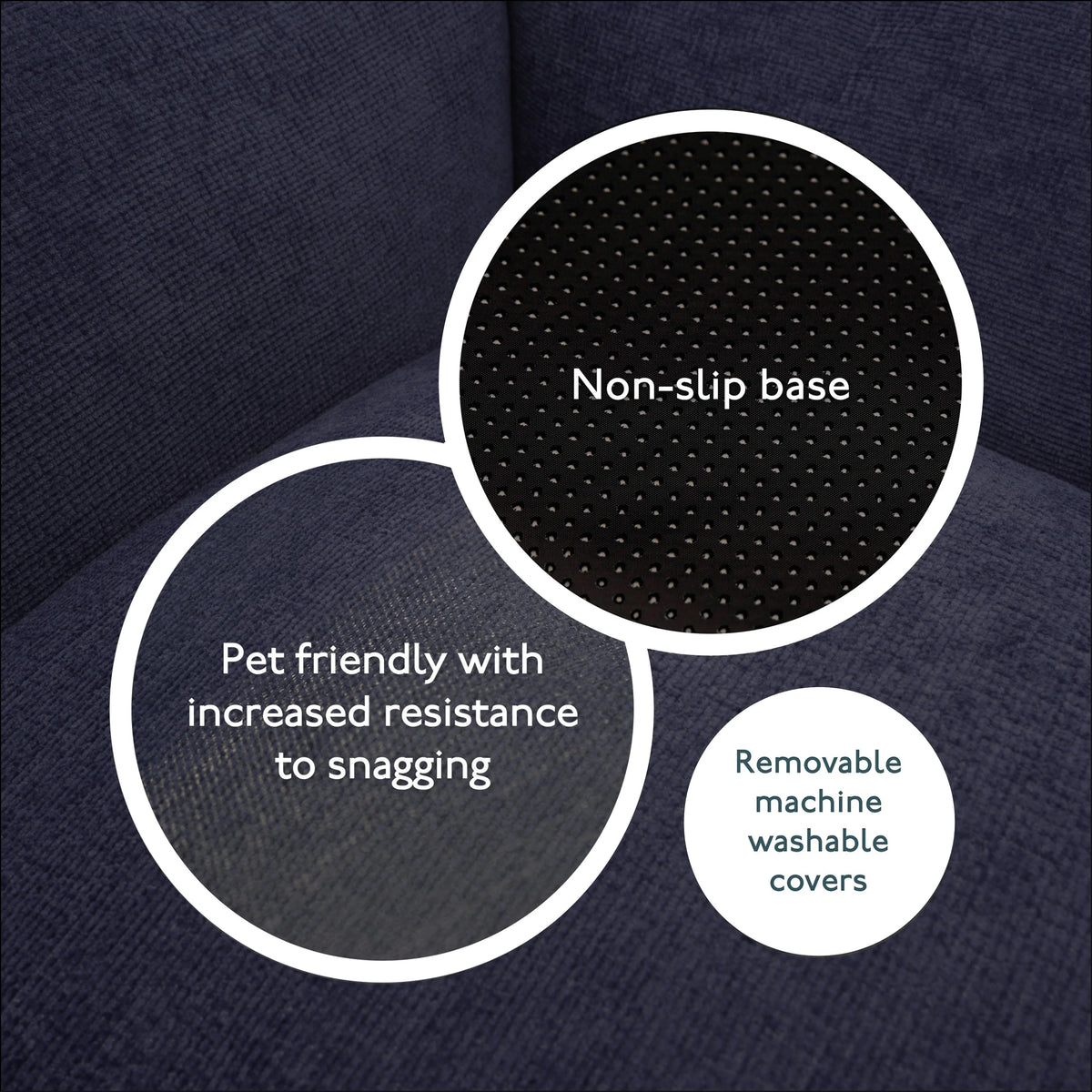 Close up of Baker & Bray navy blue dog bed showing non slip base and washable cover
