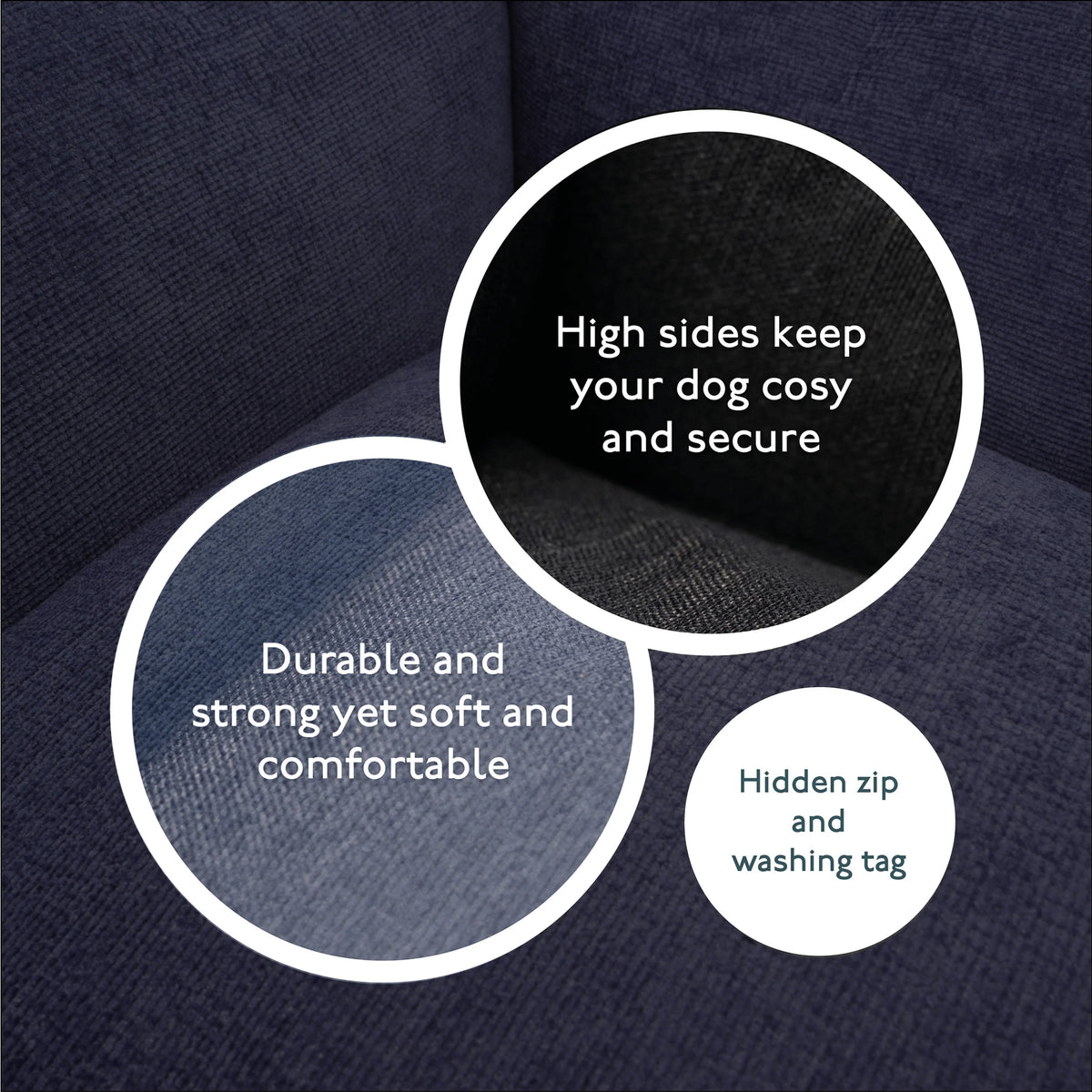 Close up of Baker & Bray navy blue orthopaedic dog bed showing fabric and comfort