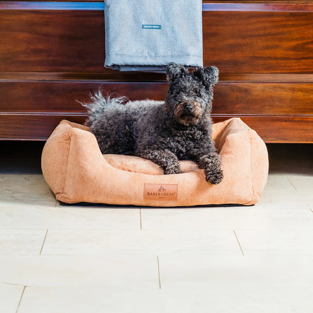 Dog lying on Baker & Bray ultimate orthopaedic dog bed peach fuzz in living room