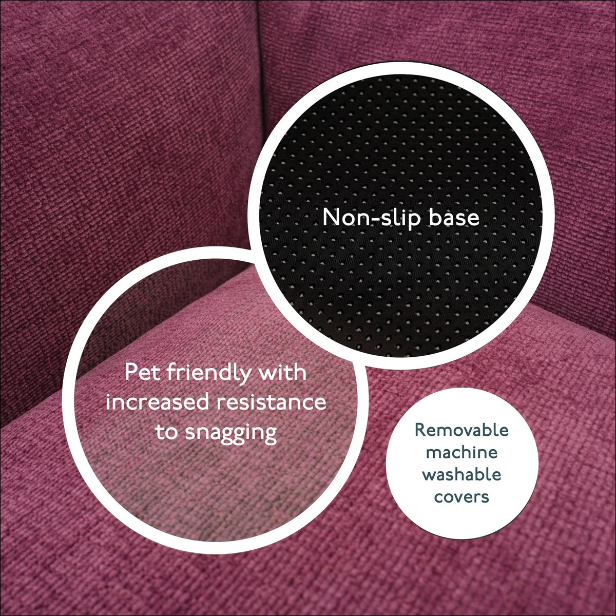 Close up of Baker & Bray rhubarb red dog bed showing non slip base and washable cover
