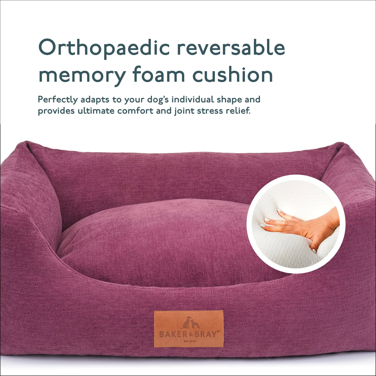 Memory foam support in rhubarb red orthopaedic dog bed showing pressure relief