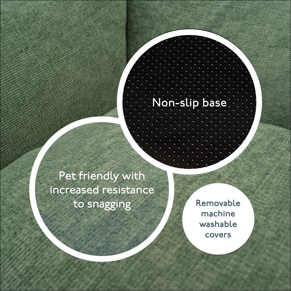 Close up of Baker & Bray sage green dog bed showing non slip base and washable cover