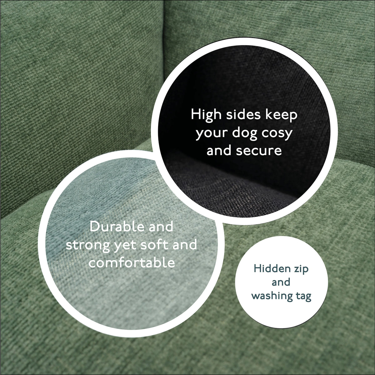 Close up of Baker & Bray sage green orthopaedic dog bed showing fabric and comfort