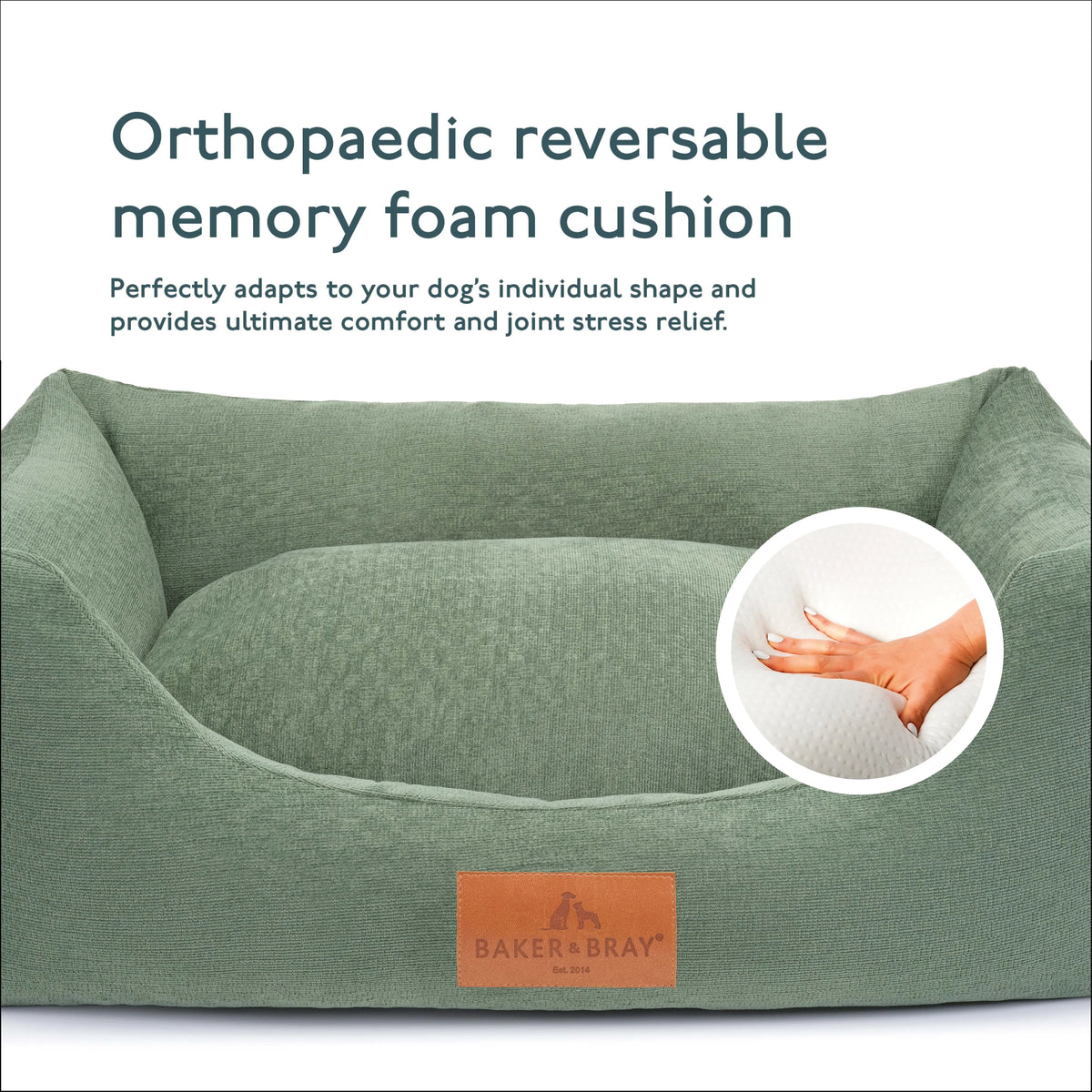 Memory foam support in sage green orthopaedic dog bed showing pressure relief