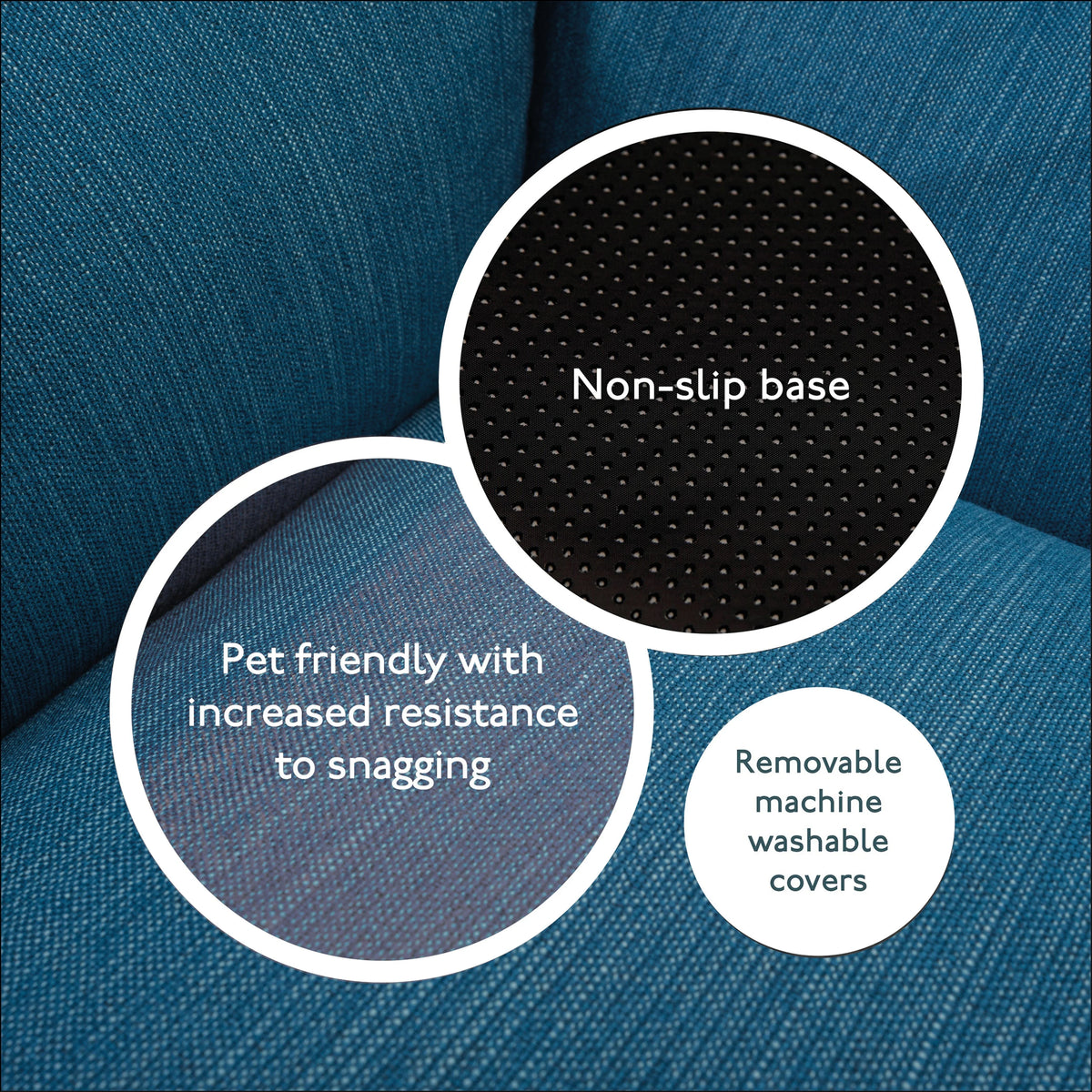 Close up of Baker & Bray teal blue dog bed showing non slip base and washable cover