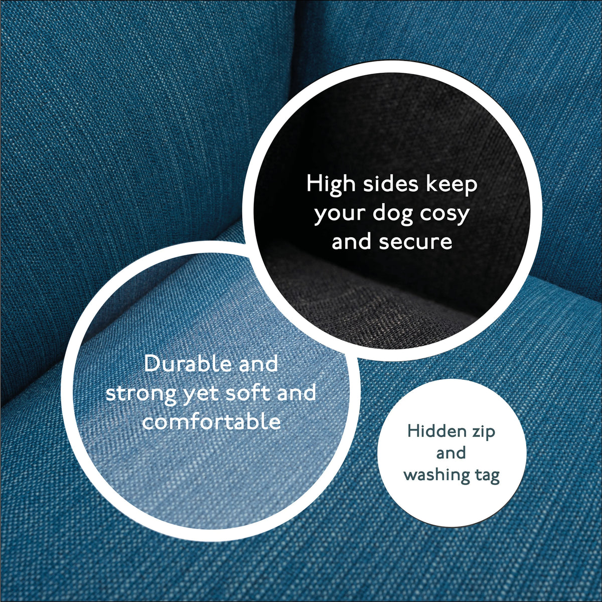 Close up of Baker & Bray teal blue orthopaedic dog bed showing fabric and comfort