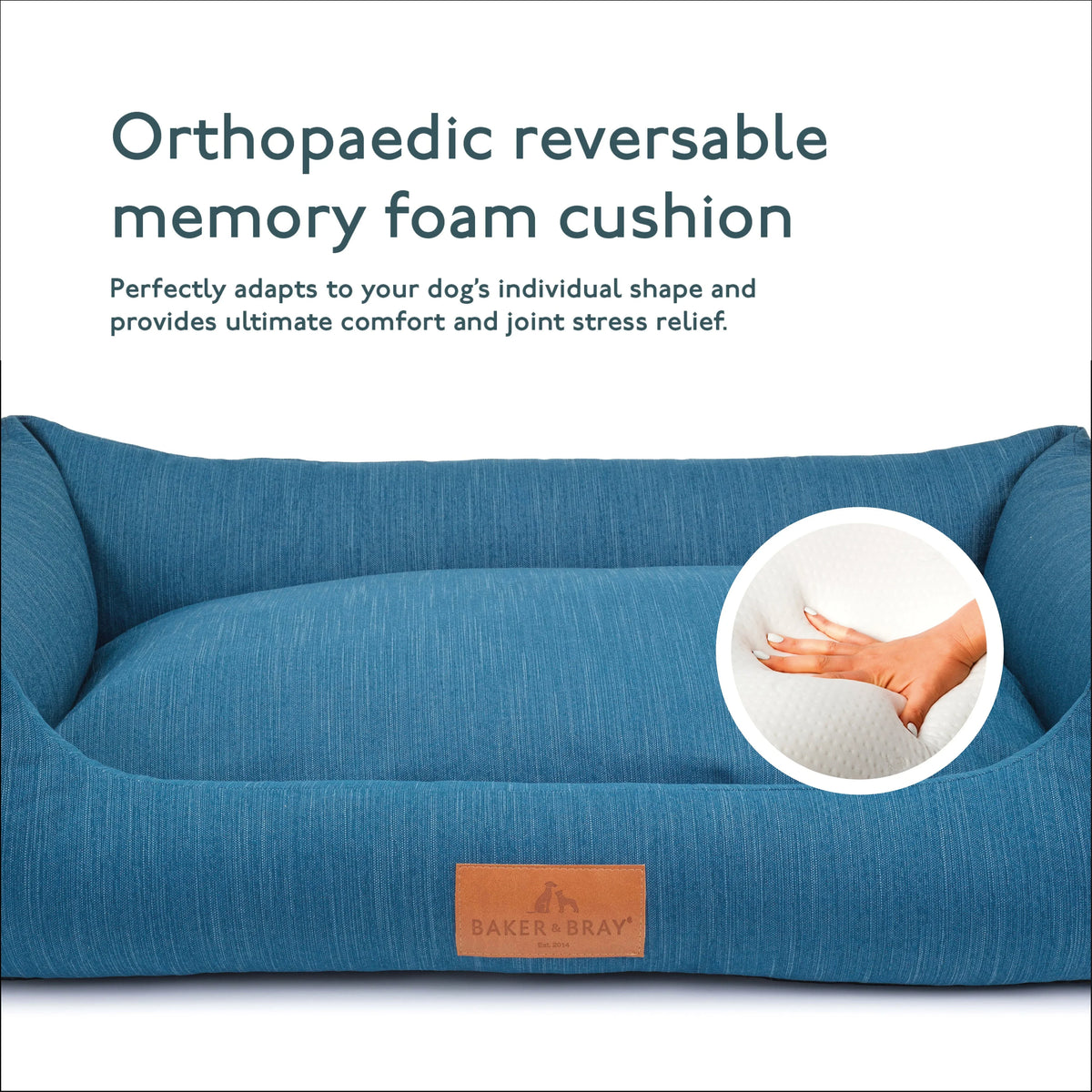 Memory foam support in teal blue orthopaedic dog bed showing pressure relief