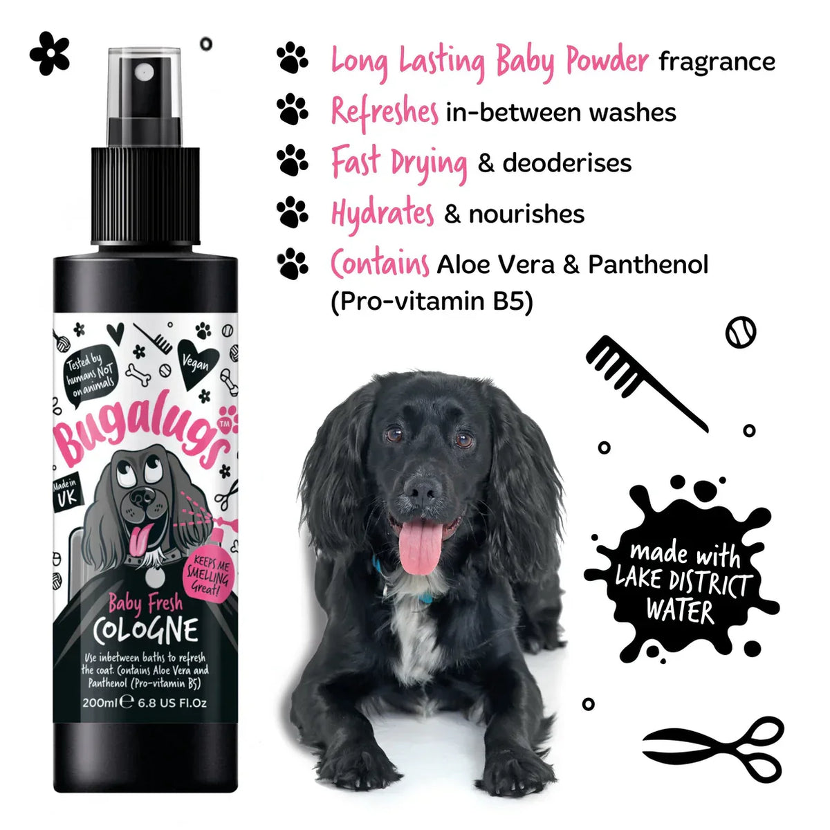 Dog coat refreshed with Bugalugs Baby Fresh Dog Cologne containing aloe vera and pro-vitamin B5