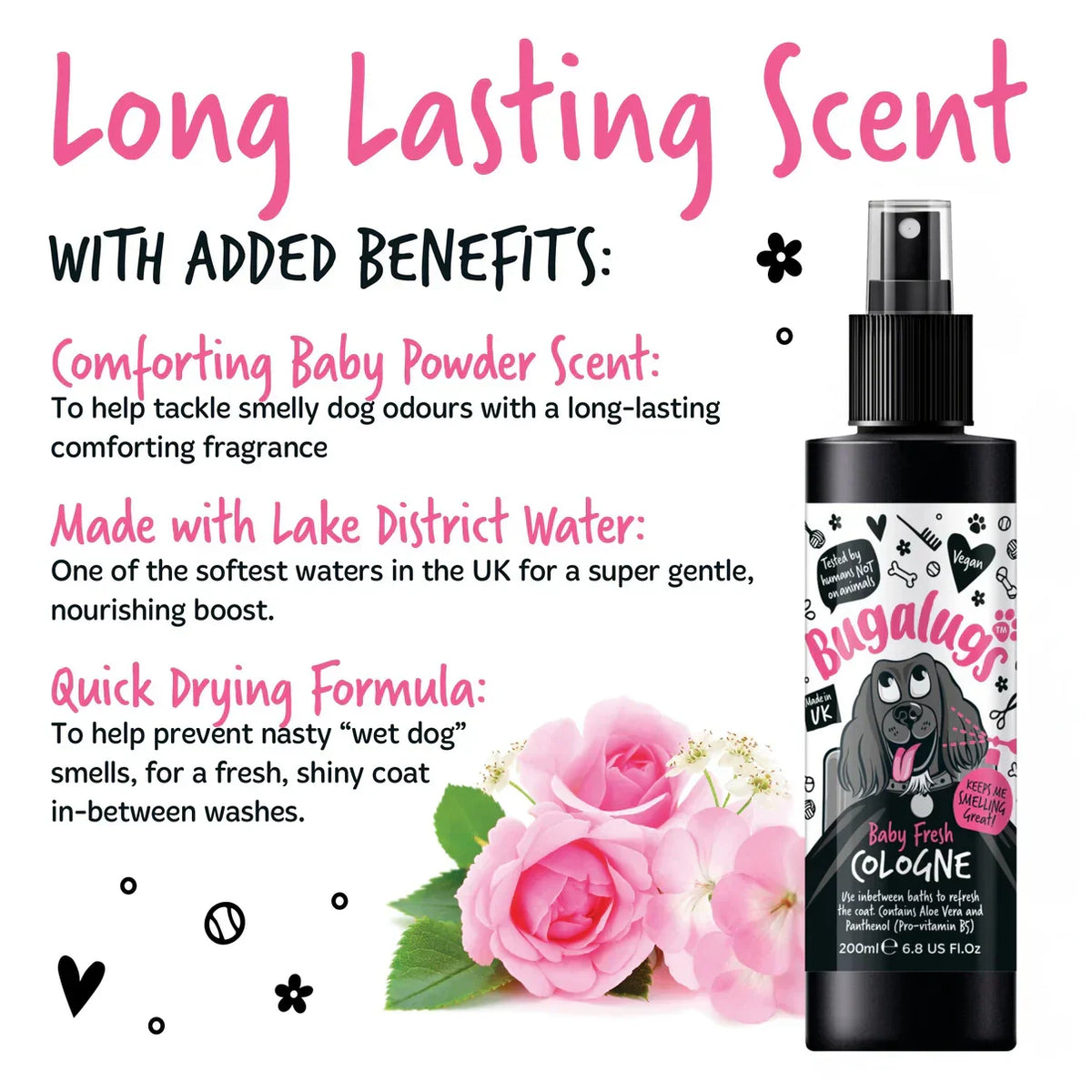 Bugalugs Baby Fresh Dog Cologne with baby powder fragrance and long-lasting freshness benefits