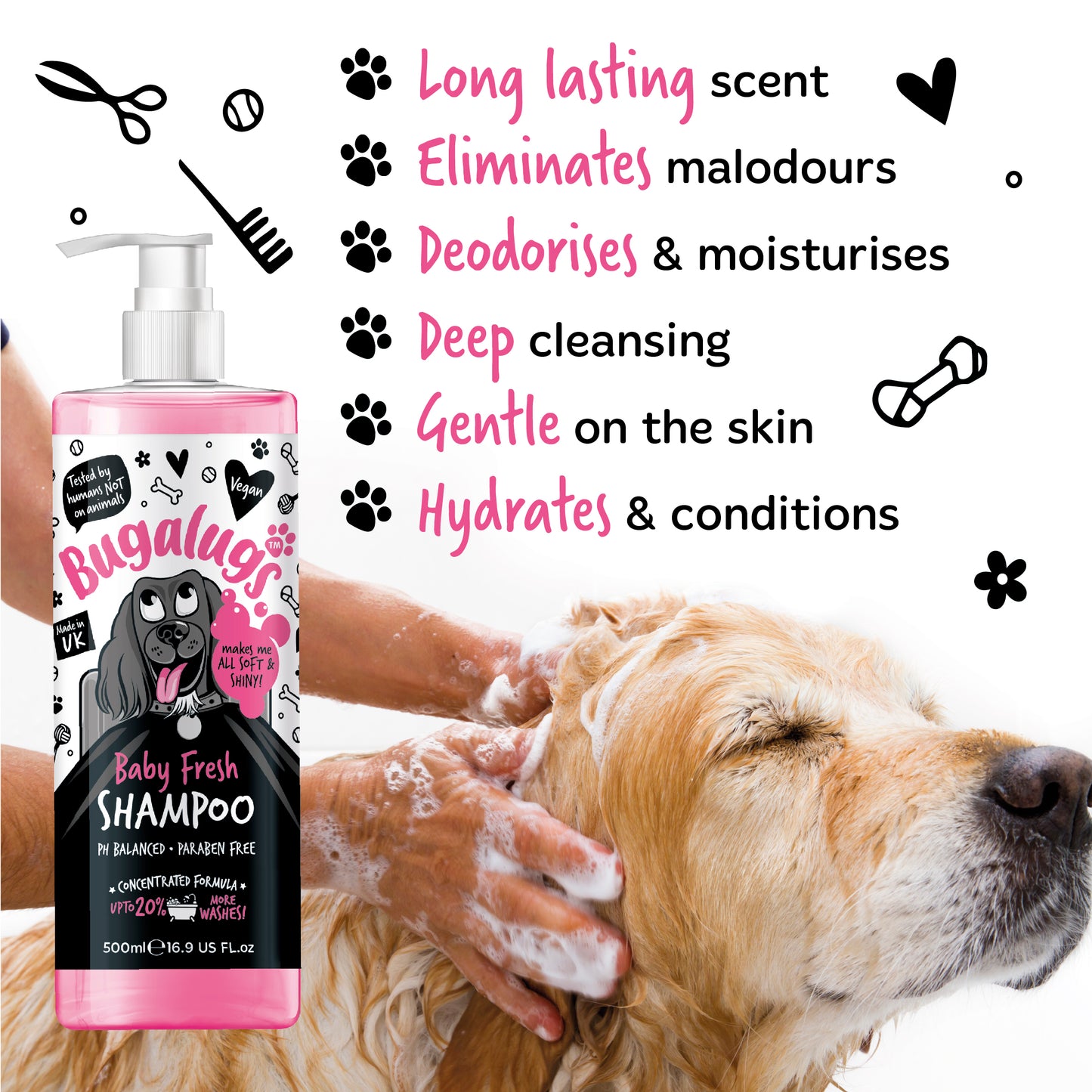 A bottle of Bugalugs Baby Fresh Dog Shampoo with 6 benefits bullet pointed on the right.