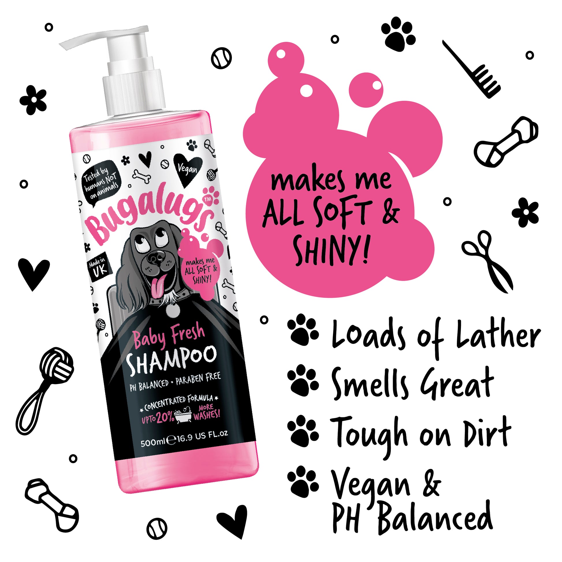 A bottle of Bugalugs Baby Fresh Dog Shampoo with 4 features bullet pointed on the right.