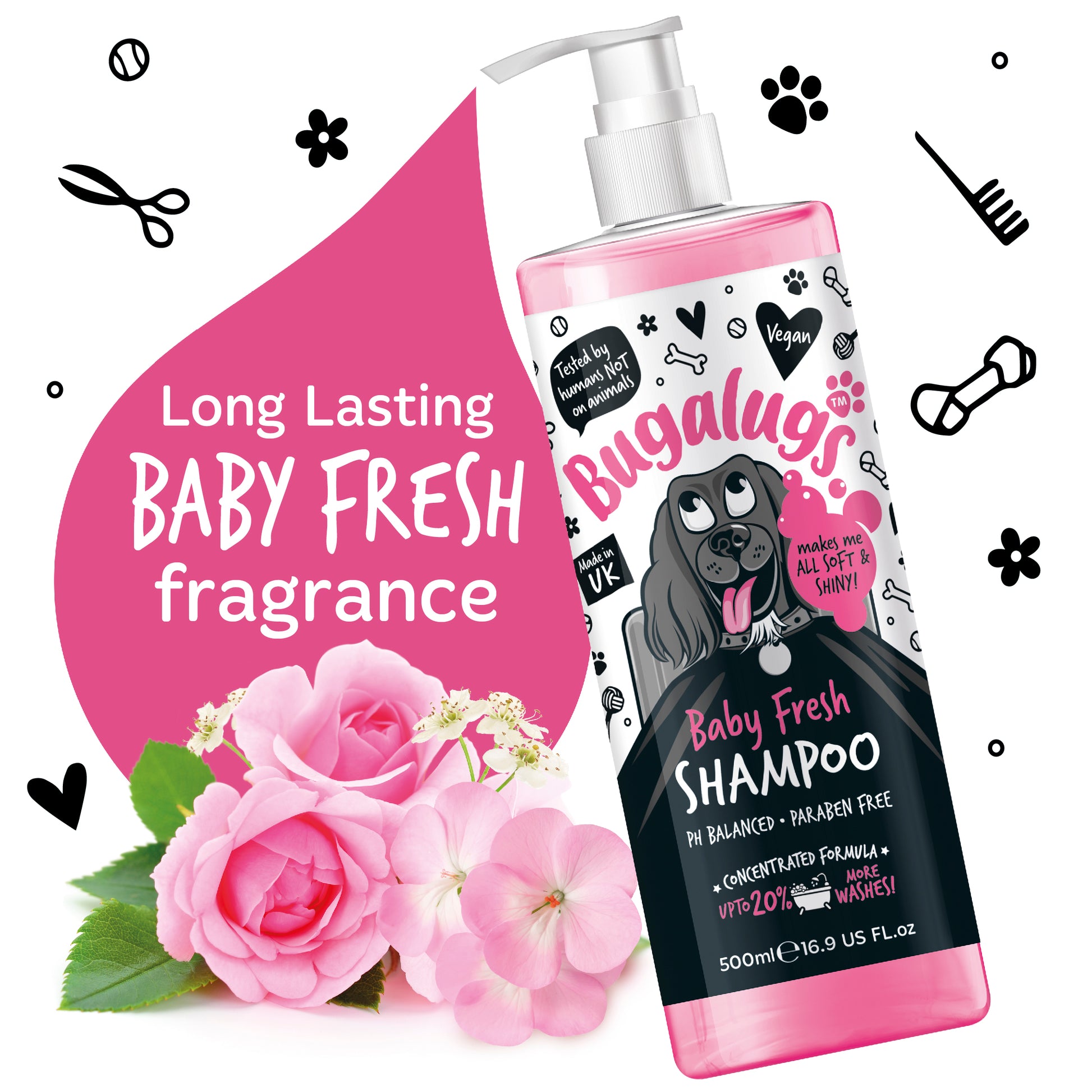 A bottle of Bugalugs Baby Fresh Dog Shampoo showing the fragrance on the left.