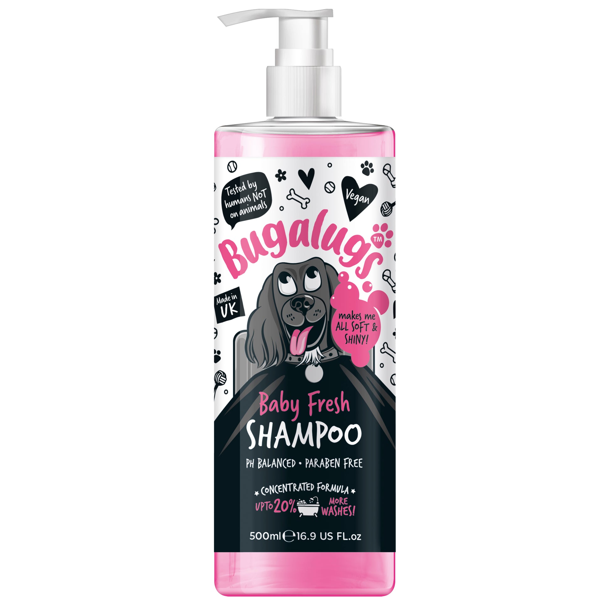 A bottle of Bugalugs Baby Fresh Dog Shampoo with a pump dispenser, featuring graphics of a dog and text, scent described as 'Baby powder scented pet shampoo for dogs and puppies over 8 weeks'.