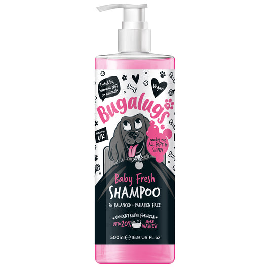 A bottle of Bugalugs Baby Fresh Dog Shampoo with a pump dispenser, featuring graphics of a dog and text, scent described as 'Baby powder scented pet shampoo for dogs and puppies over 8 weeks'.