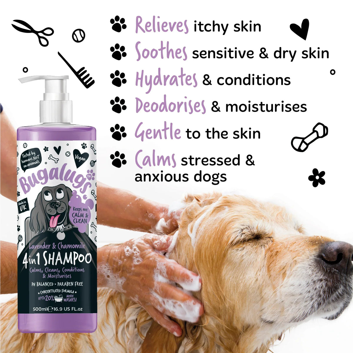 Dog being bathed with Bugalugs Calming Dog Shampoo showing calming and skin care benefits