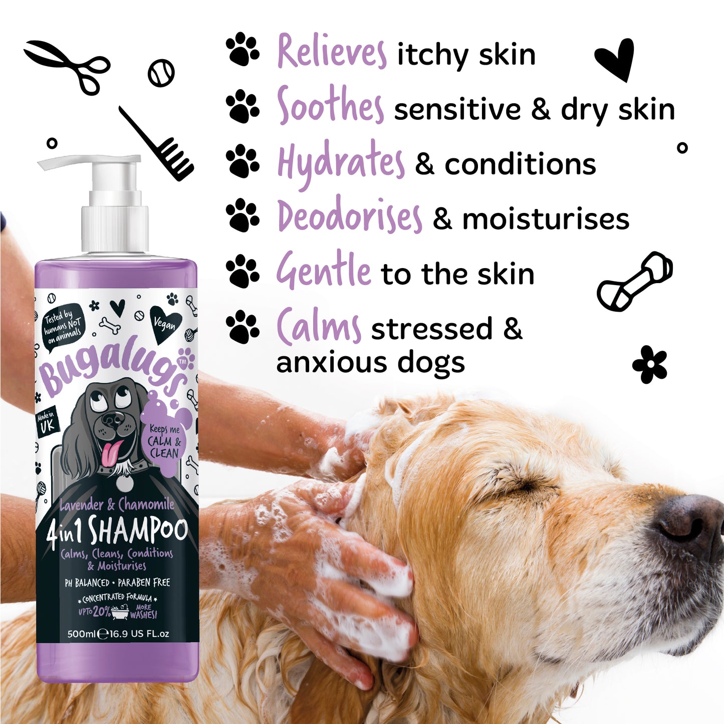A bottle of Bugalugs Lavender and Chamomile Calming Dog Shampoo with 6 benefits bullet pointed on the right.