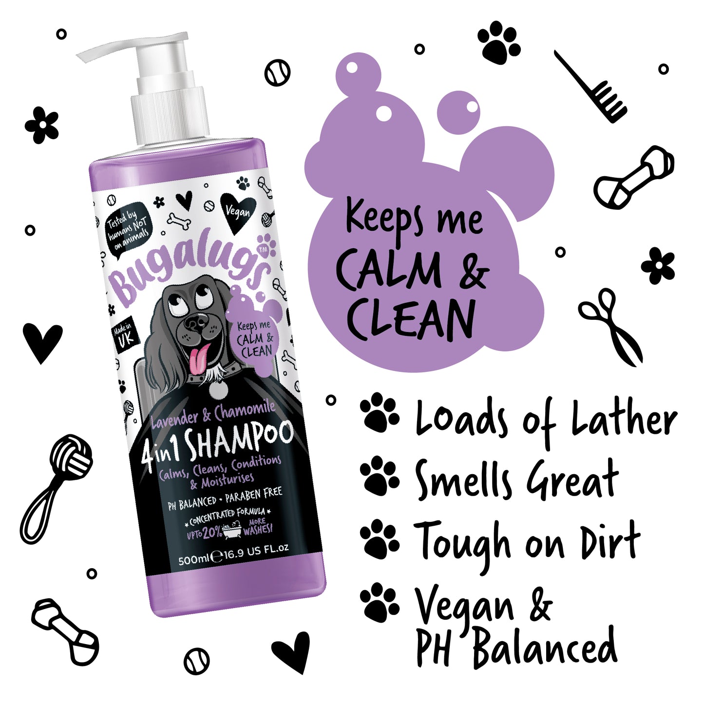 A bottle of Bugalugs Lavender and Chamomile Calming Dog Shampoo with 4 features bullet pointed on the right.