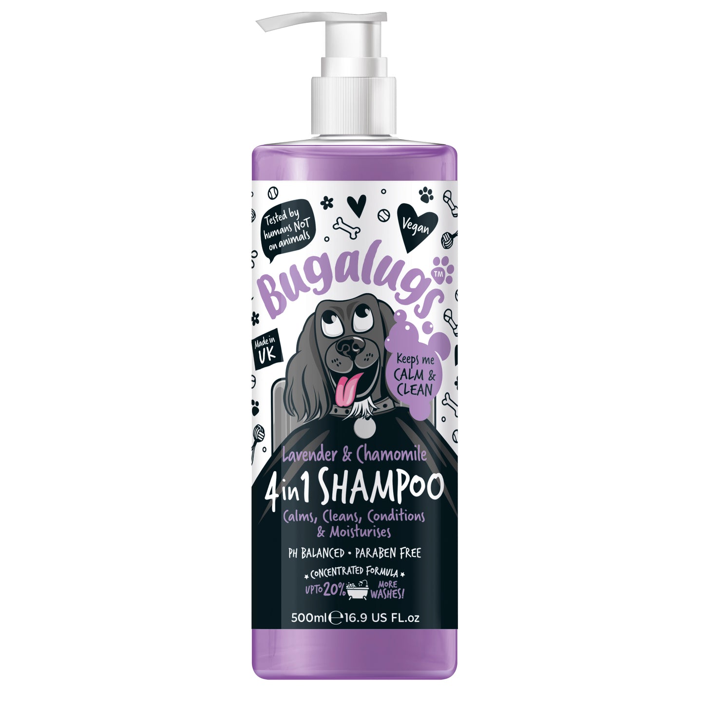 A 500ml pump bottle of Bugalugs Lavender & Chamomile 4-in-1 Calming Dog Shampoo, Conditioner, and Moisturiser for dogs.
