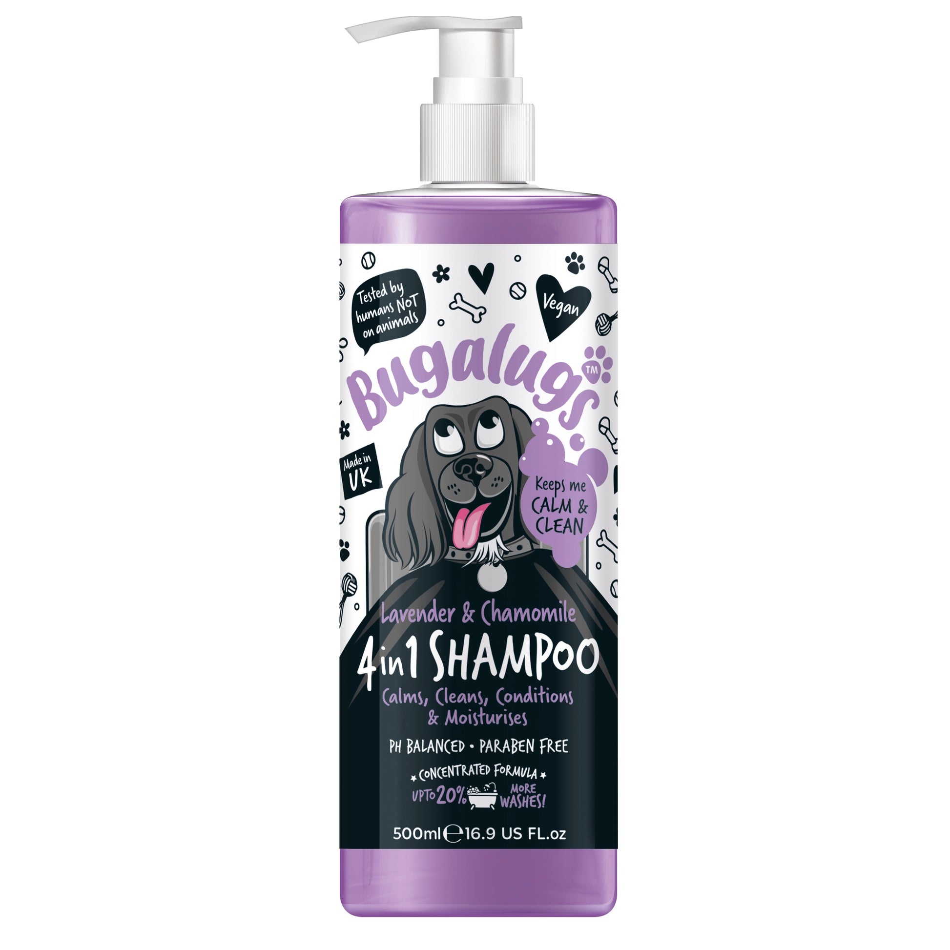 A 500ml pump bottle of Bugalugs Lavender & Chamomile 4-in-1 Calming Dog Shampoo, Conditioner, and Moisturiser for dogs.