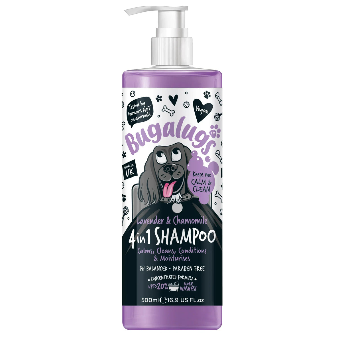 Bugalugs Calming Dog Shampoo with lavender and chamomile in a 500ml pump bottle