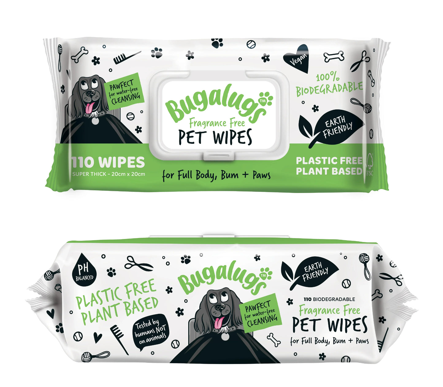 Bugalugs Fragrance Free Pet Wipes pack containing 110 biodegradable pet wipes