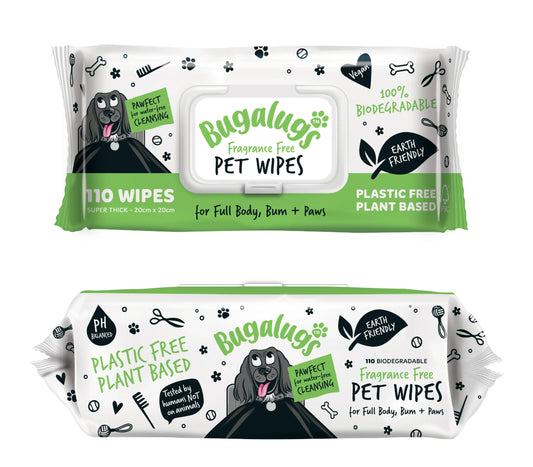Bugalugs Fragrance Free Pet Wipes pack containing 110 biodegradable pet wipes