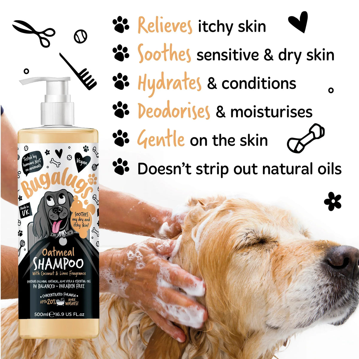 Bugalugs Sensitive Dog Shampoo highlighting support for dry, itchy and sensitive skin
